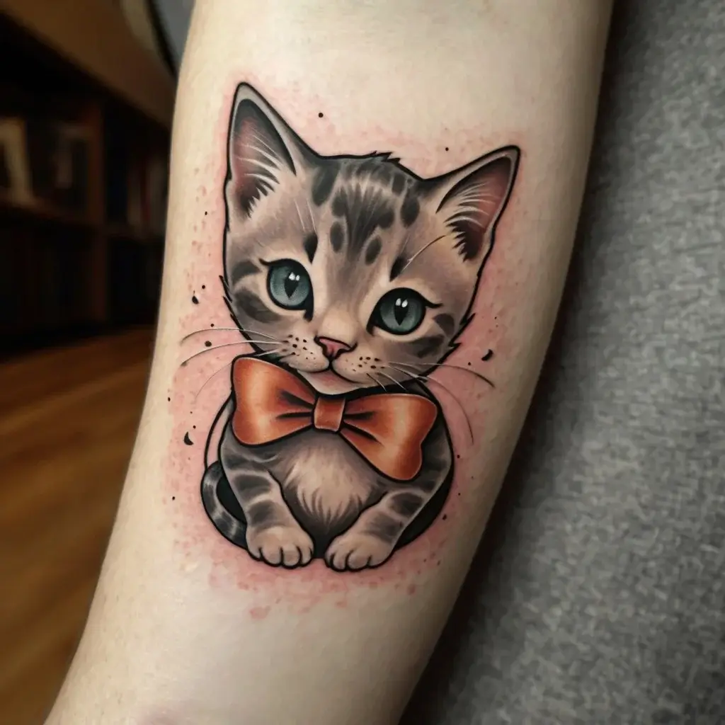 Tattoo of a realistic kitten with green eyes and a vivid orange bow tie, featuring soft shading and fine details.