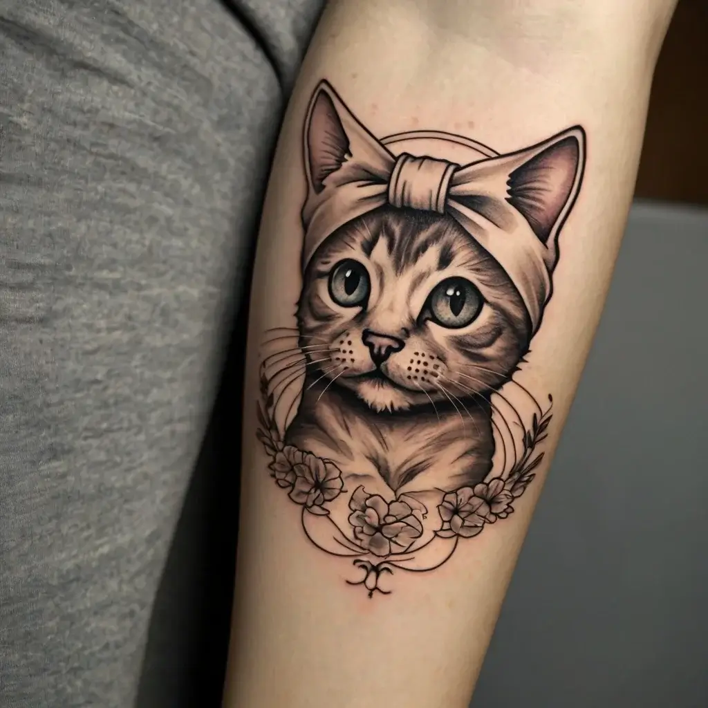 Realistic cat tattoo with a headscarf, framed by flowers and intricate linework, showcasing detailed shading and texture.