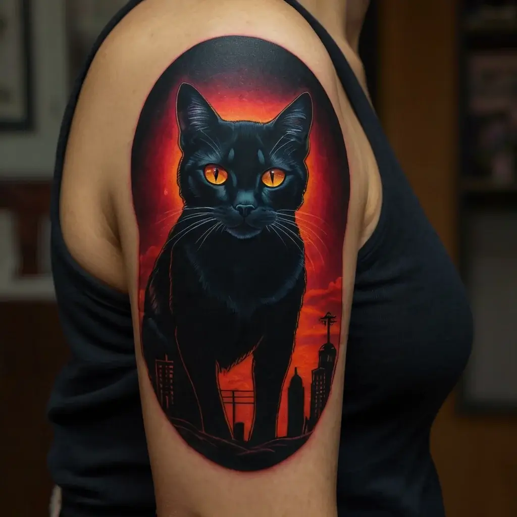 Tattoo of a black cat with glowing orange eyes against a red-orange sunset, with a city skyline silhouette below.