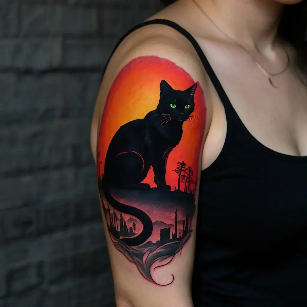 Tattoo of a black cat with green eyes on a sunset background, city skyline and trees, blending vivid red and orange hues.