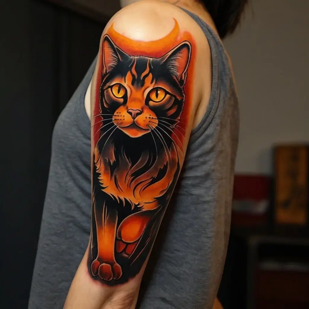 Tattoo of a detailed cat with glowing amber eyes, in fiery orange and black hues, wraps around the upper arm.