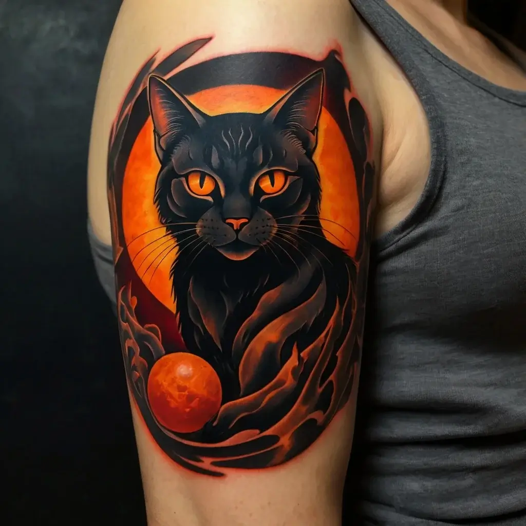 Tattoo of a black cat with vibrant orange eyes against a glowing orange moon, surrounded by fiery swirls on the arm.