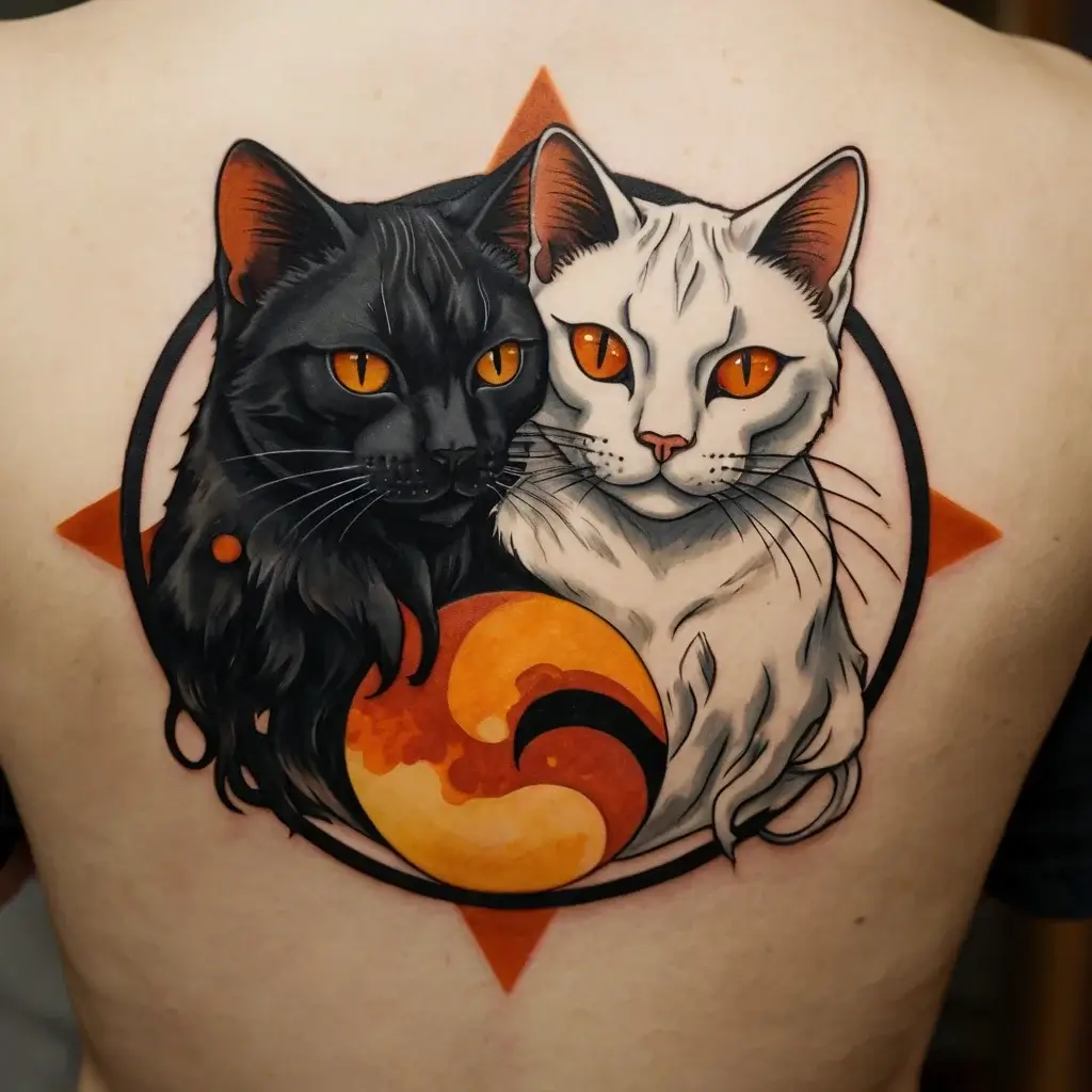 Tattoo of black and white cats in a yin-yang pose with orange eyes, framed by a circle and star.