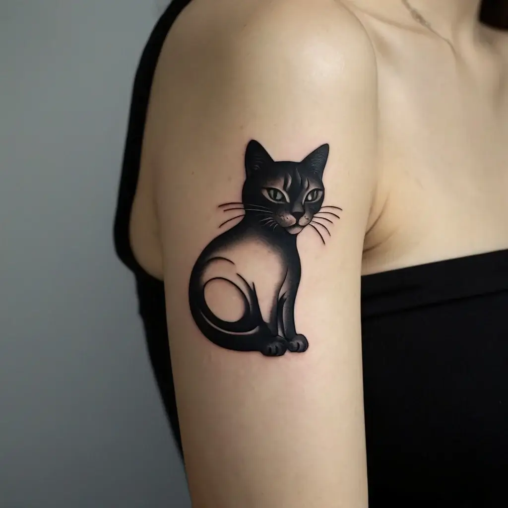 Tattoo of a stylized black cat with green eyes, sitting elegantly, inked on the upper arm, blending realism and abstraction.