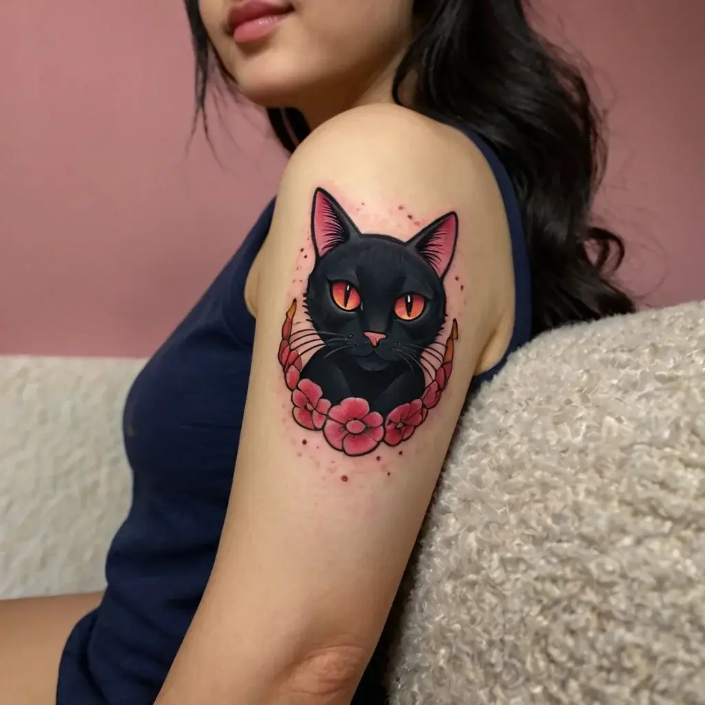 A black cat with vivid orange eyes, surrounded by pink flowers, elegantly tattooed on an upper arm.