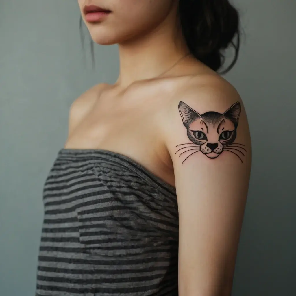 Tattoo of a stylized cat's face with bold lines and shading. Ears perked, whiskers detailed, on upper arm.