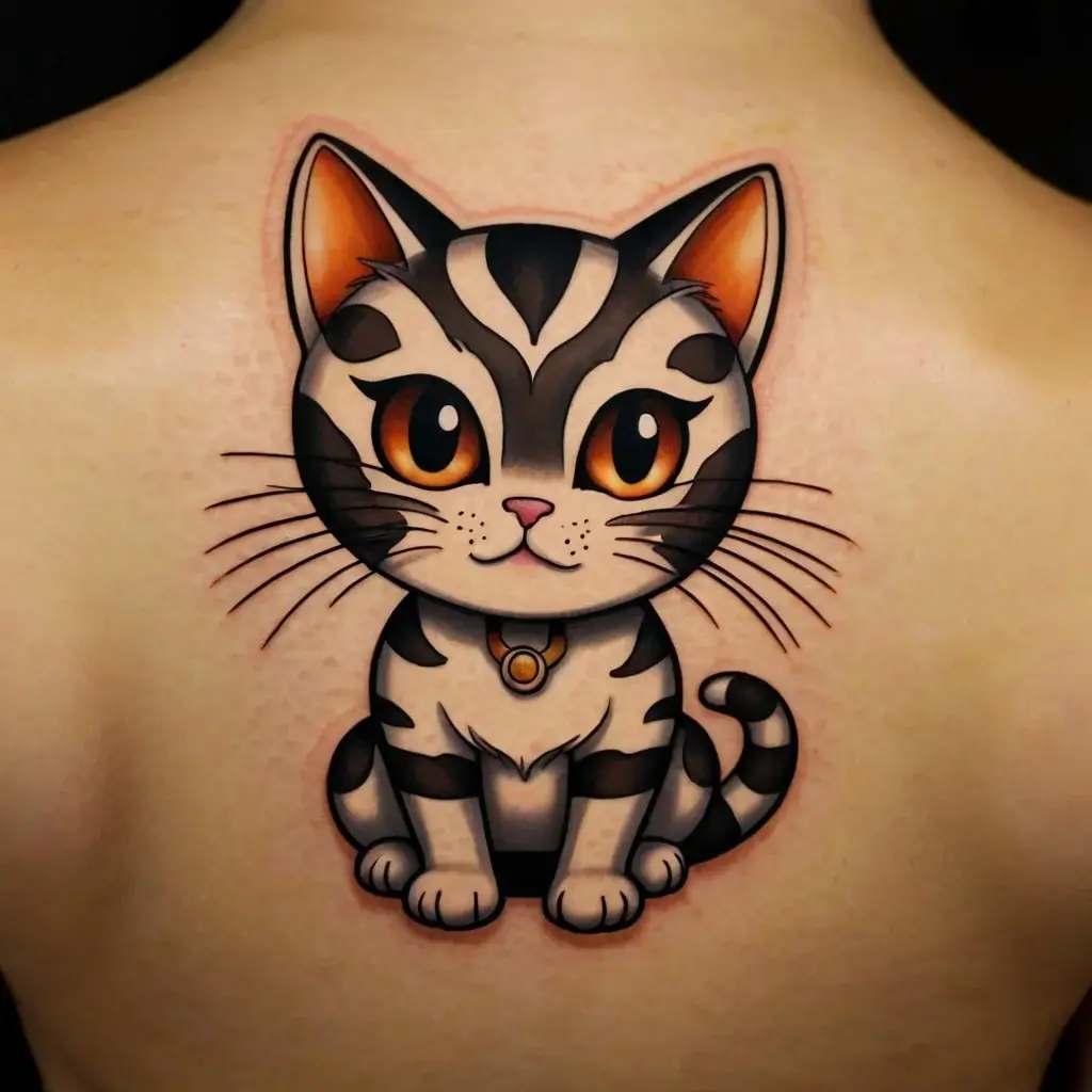 Cute cat tattoo with big orange eyes, striped fur, and a small collar, in vibrant colors on the upper back.