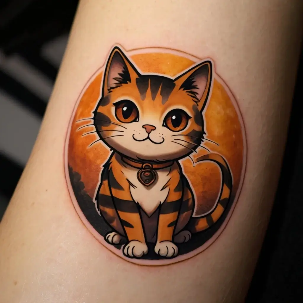 Cute cartoon-style tabby cat with bright eyes, sitting inside an orange circle background; detailed lining and shading.