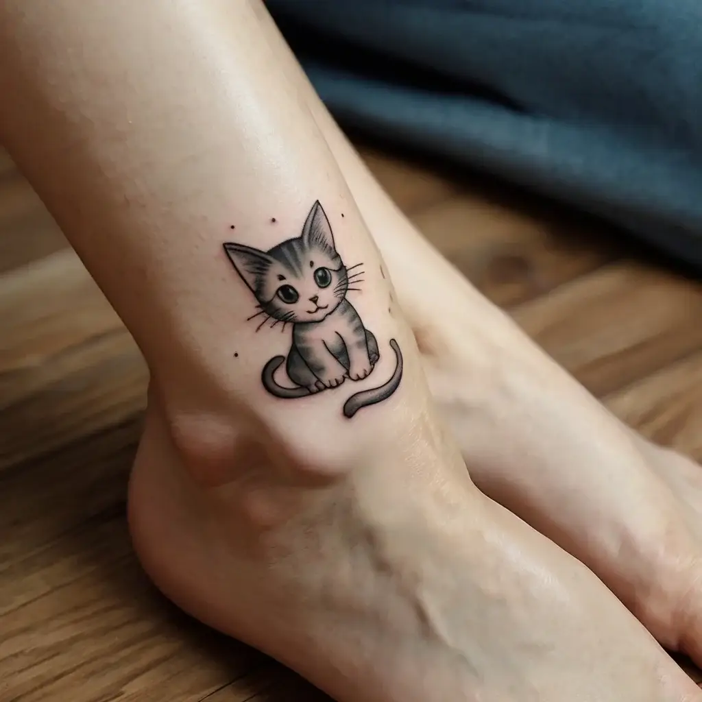 A cute cartoon-style kitten tattoo on the ankle, with fine black outlines and soft gray shading for a playful look.