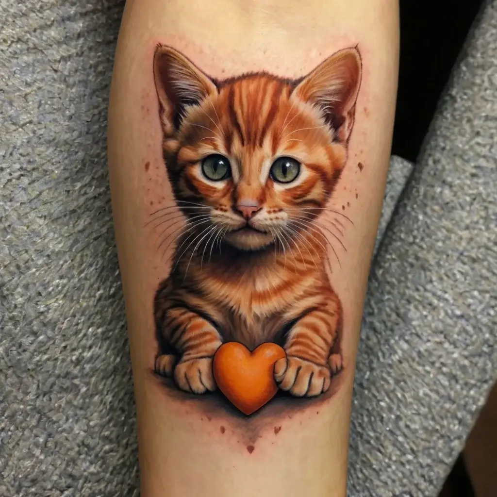 Realistic tattoo of a ginger kitten holding an orange heart, capturing warmth and innocence on a forearm canvas.