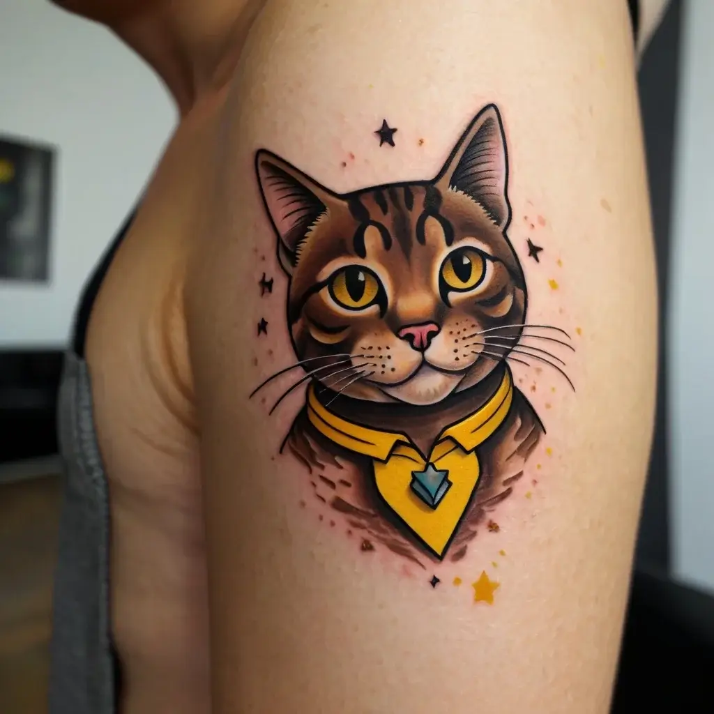 Tattoo of a realistically styled cat with golden eyes, wearing a yellow collar with a blue gem, surrounded by stars.