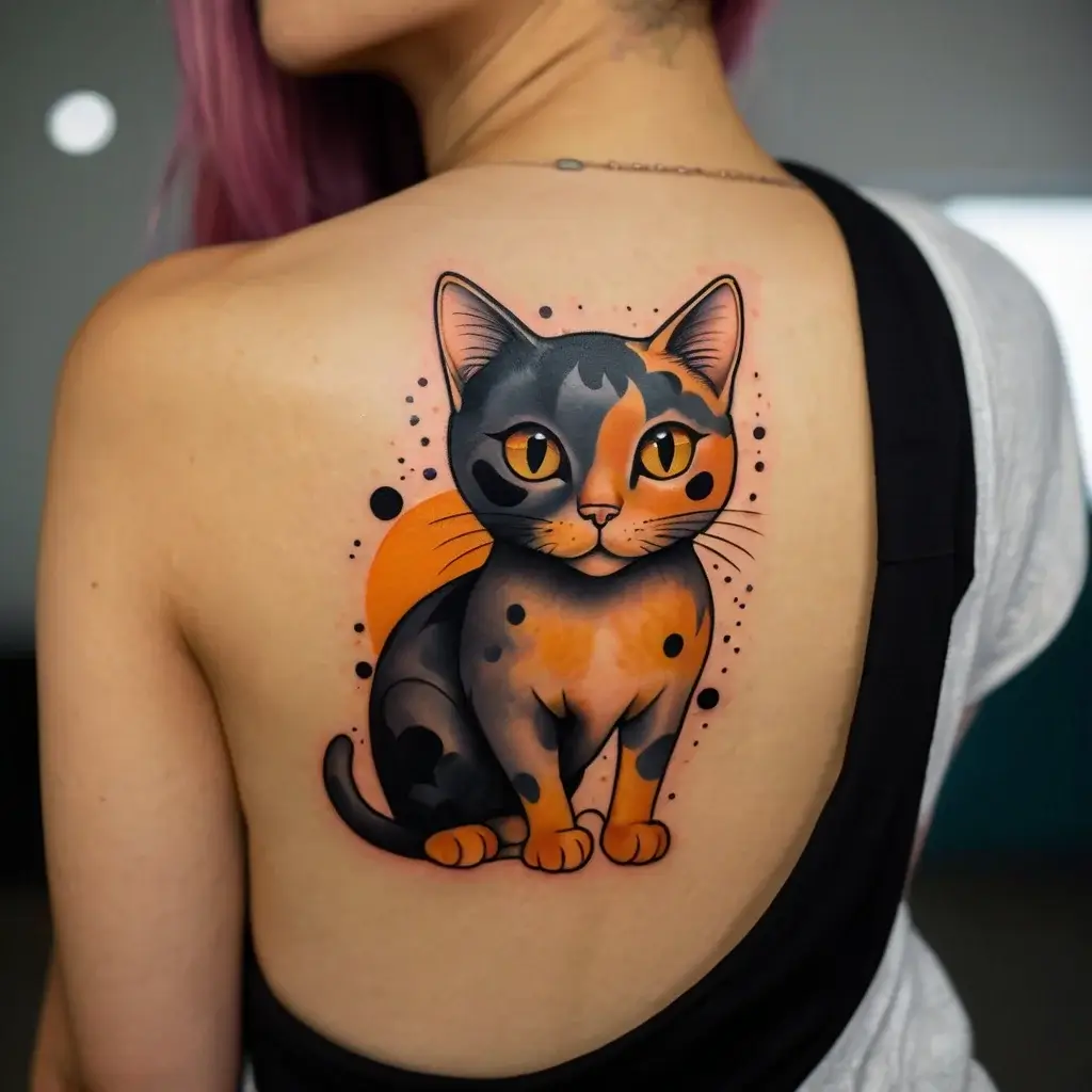 Tattoo of a vibrant, stylized calico cat with bold black and orange hues on the back, surrounded by abstract dots.