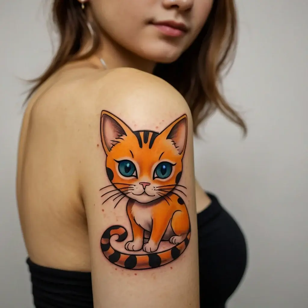 Tattoo of a cute, big-eyed orange cat with black stripes on arm, showcasing a whimsical and vibrant design.