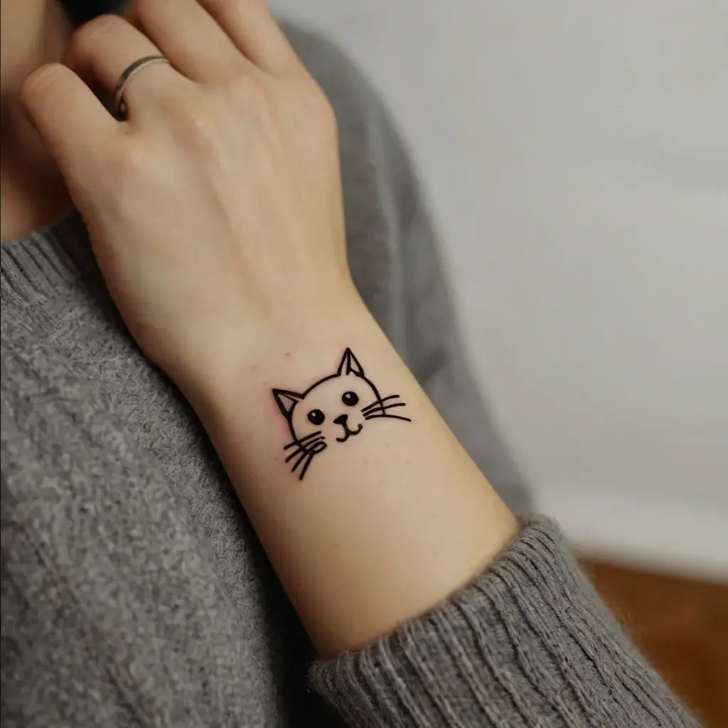 Minimalist black line tattoo of a cat's face on a forearm, showing ears, eyes, nose, mouth, and whiskers.