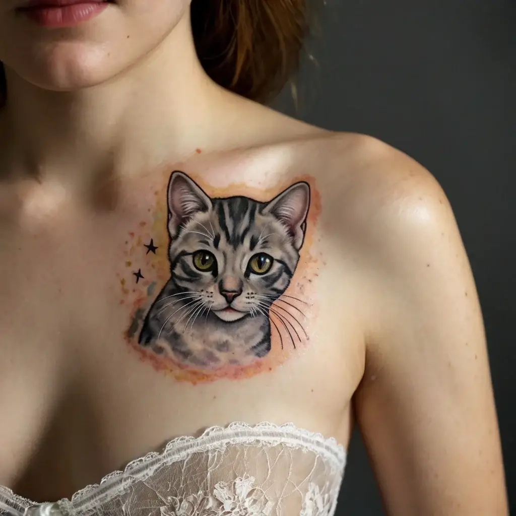 Realistic cat tattoo on collarbone with detailed fur and vivid eyes, adorned by stars and a subtle watercolor background.