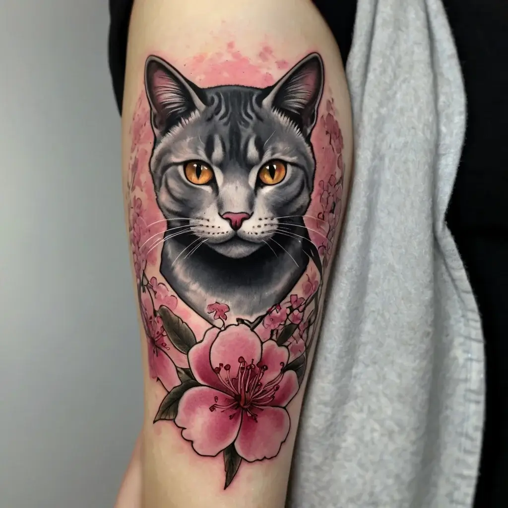 Realistic cat head framed by pink cherry blossoms and flowers, with vibrant orange eyes, creating a vivid design.