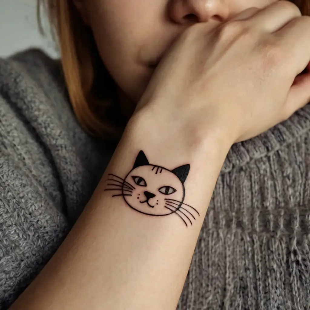 Minimalist cat face tattoo on wrist, featuring bold black lines and filled ears, capturing a playful and sleek design.