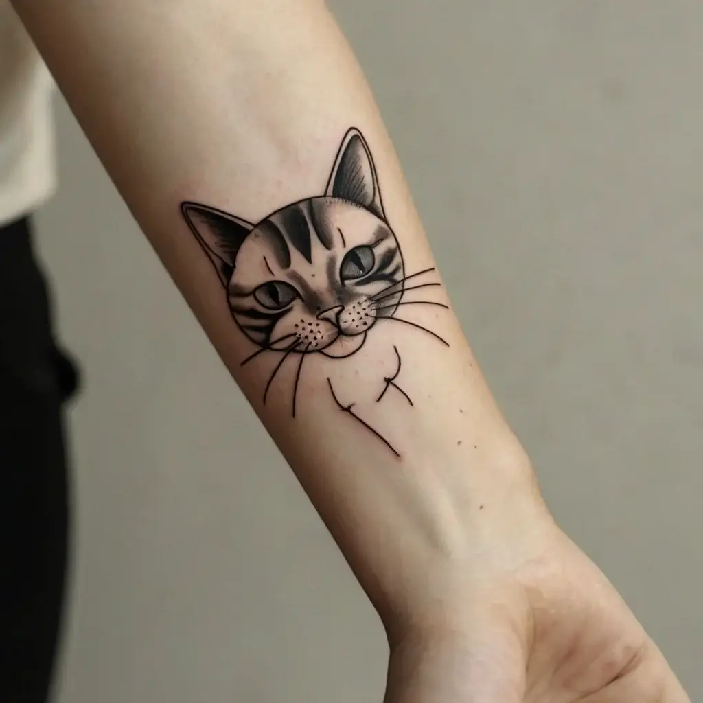 Abstract black and gray tattoo of a cat's head with minimalist outlines and shading on the forearm.