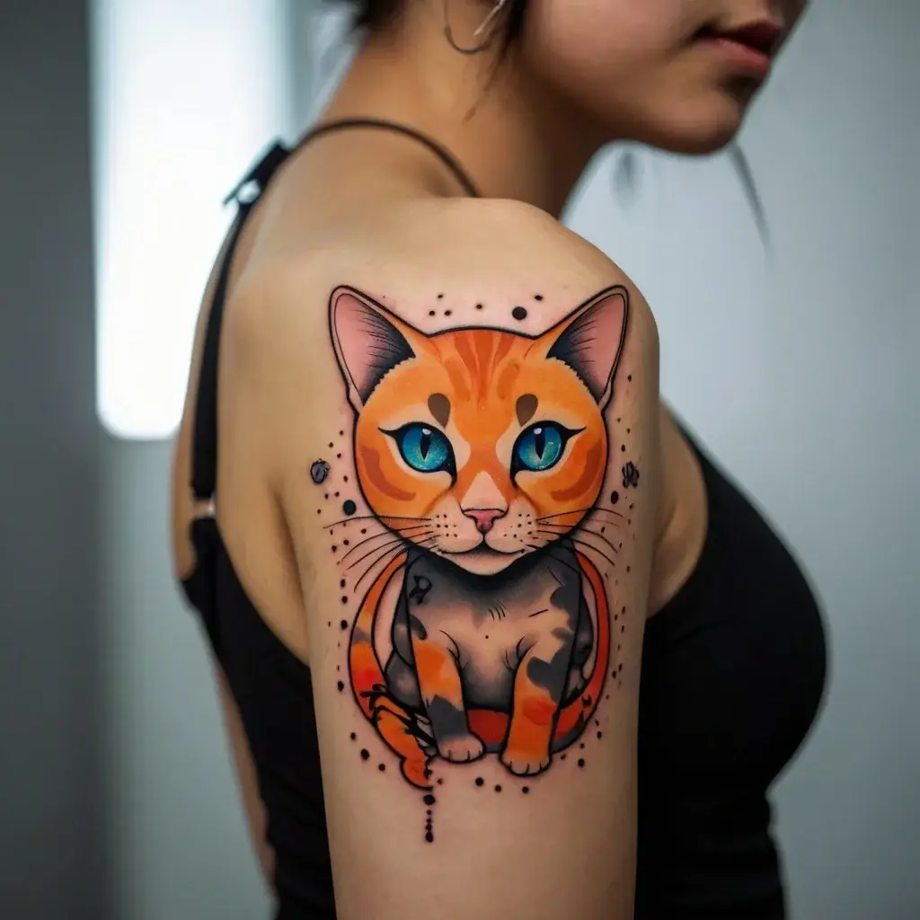 Tattoo of a vibrant orange cat with striking blue eyes, accented by soft black dots and abstract shapes on the shoulder.