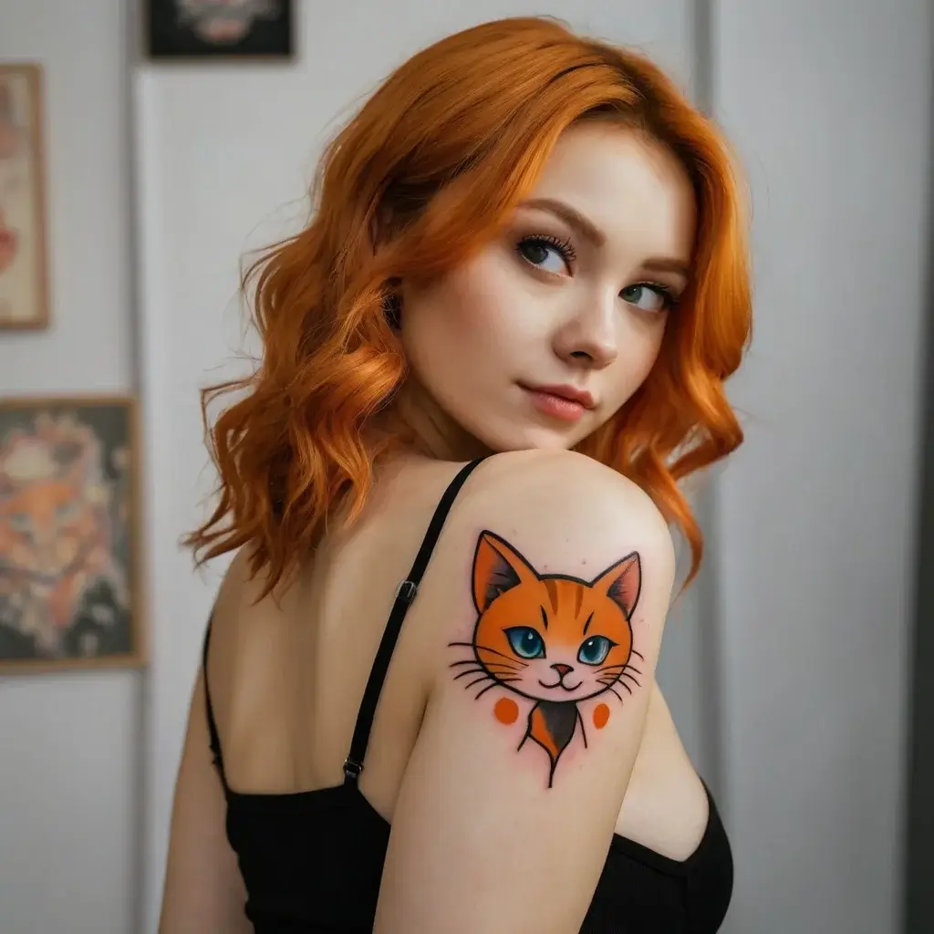 Bright orange cat tattoo on shoulder, featuring wide green eyes, black outline, and stylized geometric accents.