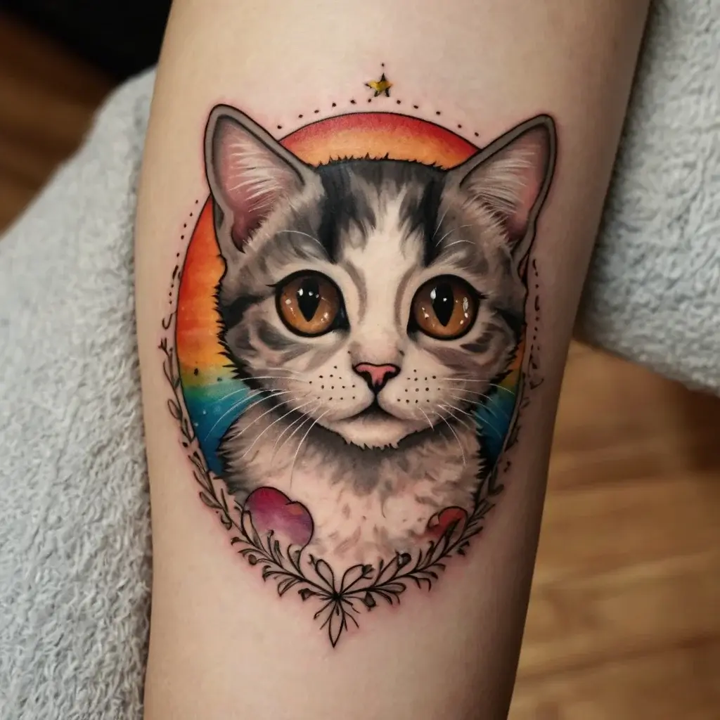 Realistic cat portrait tattoo with a colorful sunset background, framed by a floral design and a small yellow star above.