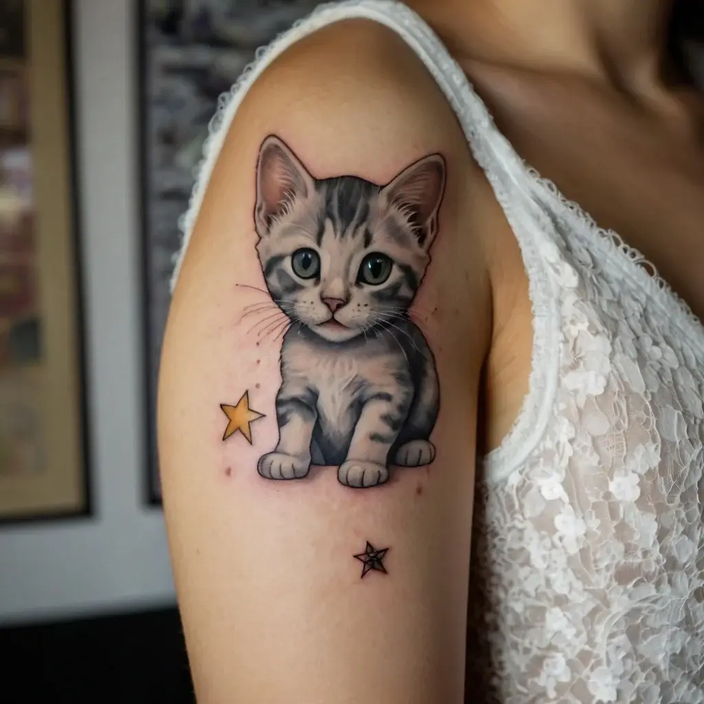 Realistic kitten tattoo with green eyes on the upper arm, surrounded by a small black star and a yellow star.