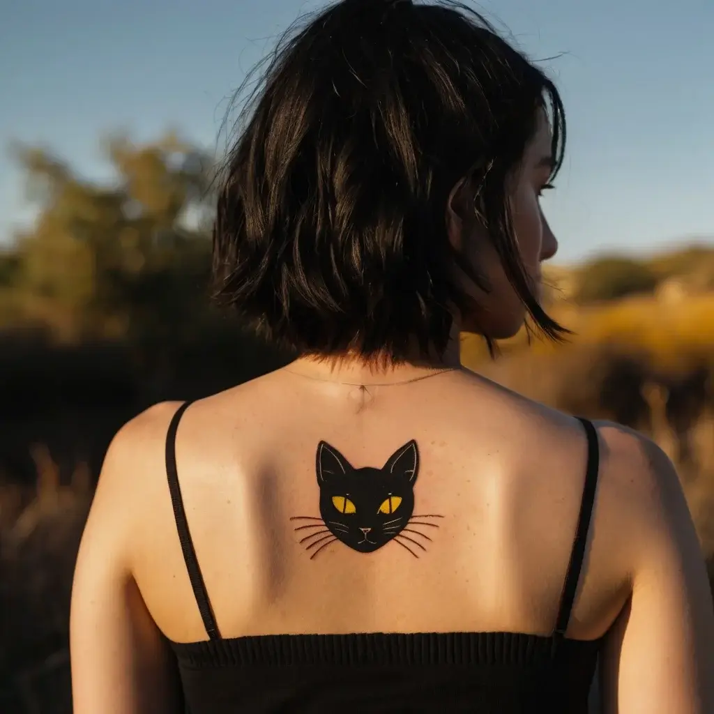 Tattoo of a minimalist black cat with yellow eyes and whiskers, centered on the upper back against a natural backdrop.