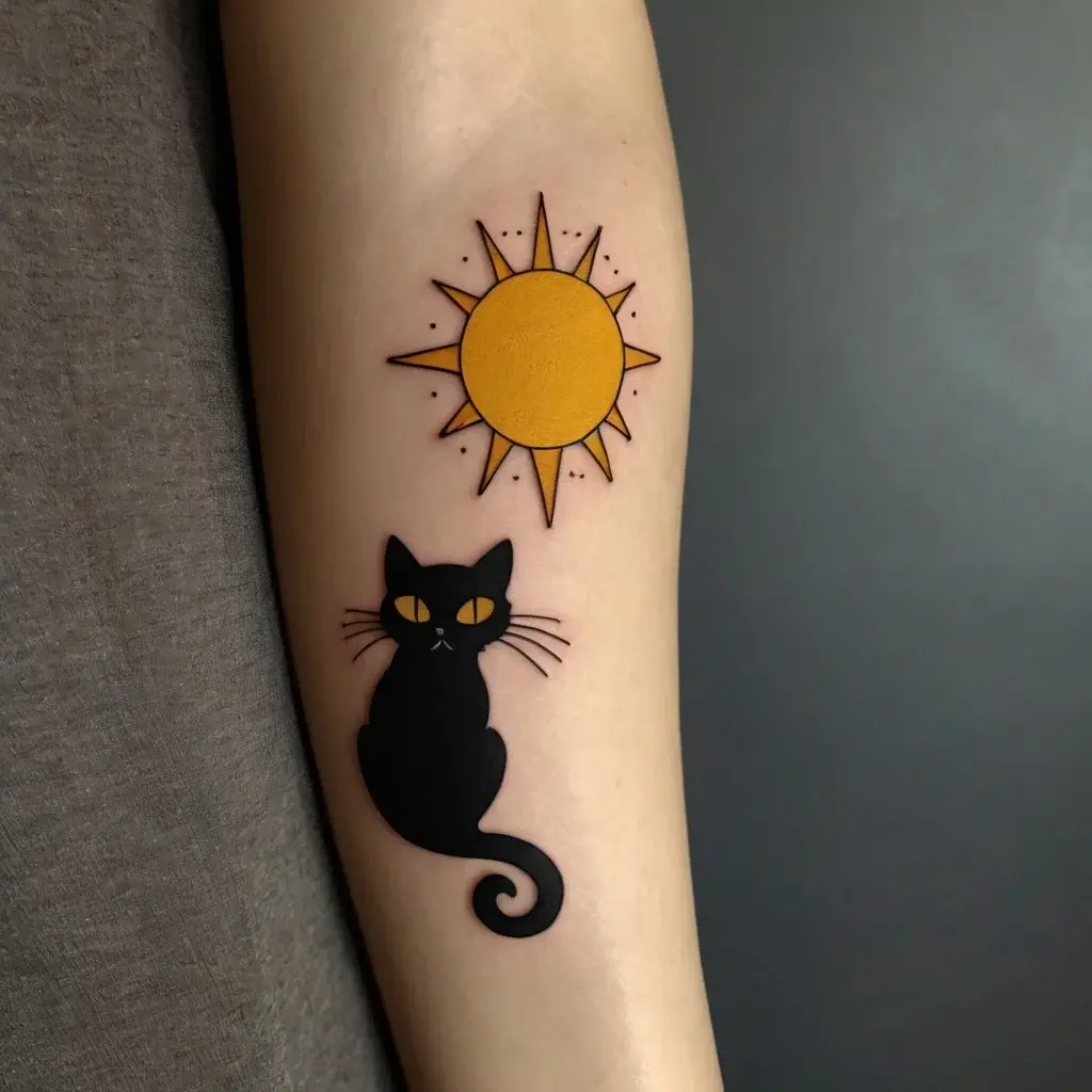 Tattoo of a black cat with yellow eyes under a stylized sun on forearm; bold lines and vibrant colors create contrast.