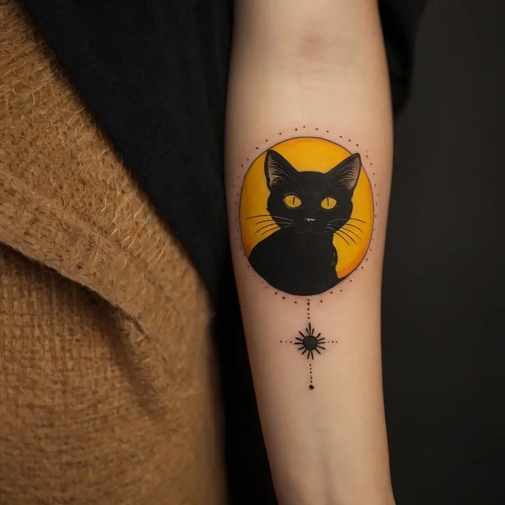 Tattoo of a black cat silhouetted against a bright yellow circle, with a decorative sun symbol below on the forearm.