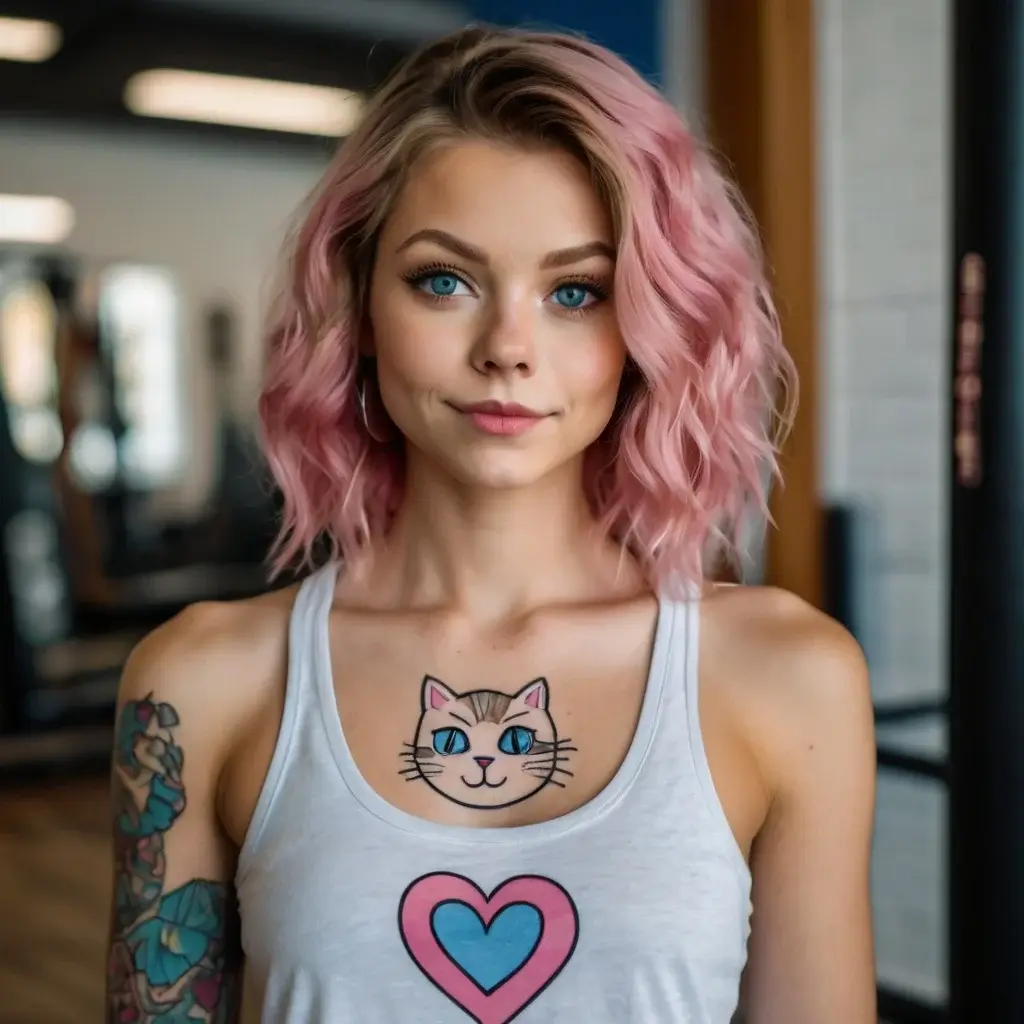 A colorful sleeve tattoo featuring flowers and butterflies in blue tones covers the right arm of a person with pink hair.