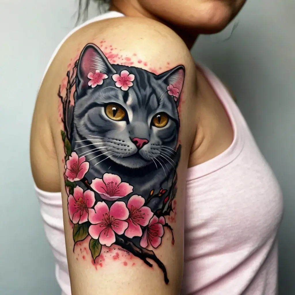 Tattoo of a grey cat with yellow eyes, adorned with pink flowers and delicate branches, on the upper arm.