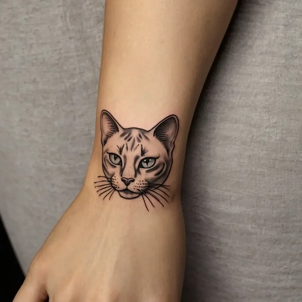 Tattoo of a realistic cat head on a wrist, featuring detailed linework and shading to emphasize its expressive eyes and whiskers.