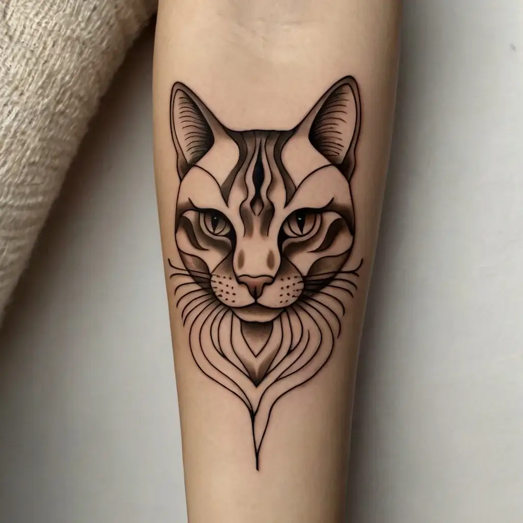 Stylized cat tattoo with bold lines and shading, features geometric details and smooth curves on the forearm.