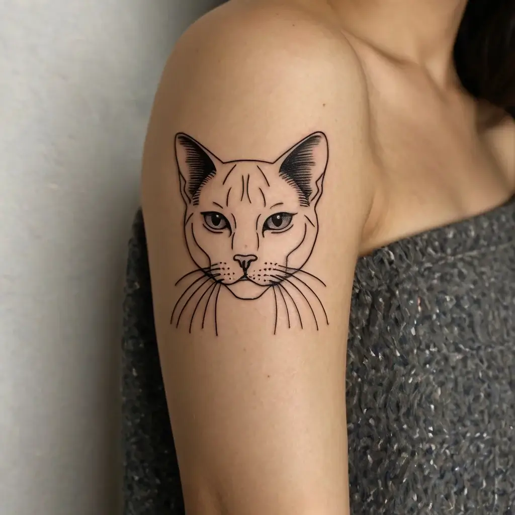 Minimalist cat face tattoo on the upper arm, featuring fine black line art with detailed whiskers and ears.