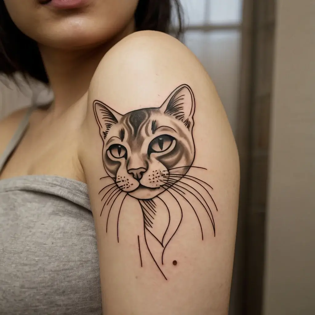 Tattoo of a cat's face with bold lines and shaded details on the bicep. Whiskers and abstract lines enhance the design.