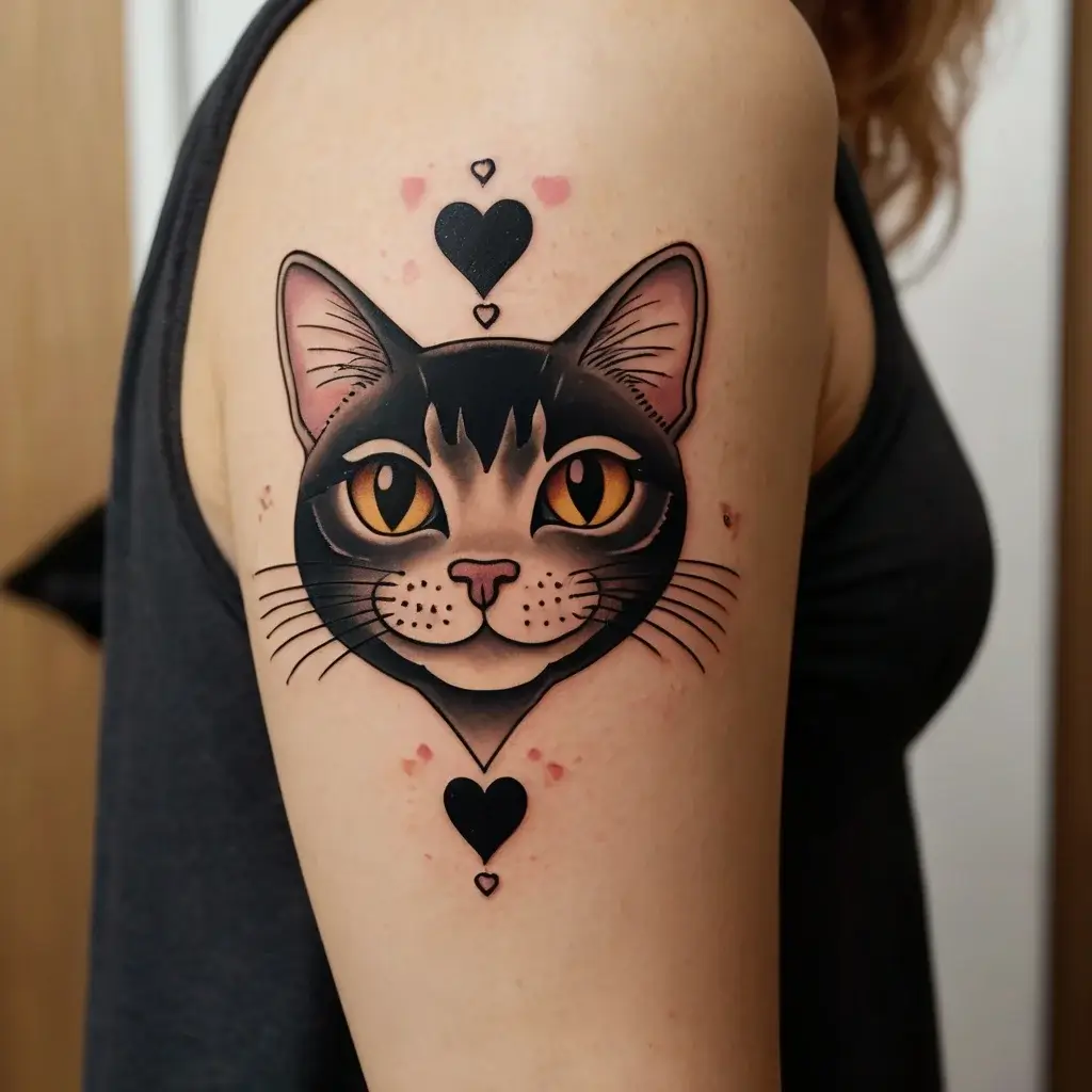 Tattoo of a cat’s face with vivid eyes, surrounded by stylized black hearts on the arm, showcasing bold lines and shading.