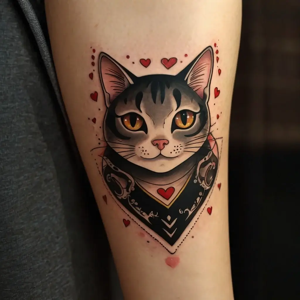 Realistic cat tattoo with shading, surrounded by red hearts, detailed eyes, and decorative collar on upper arm.