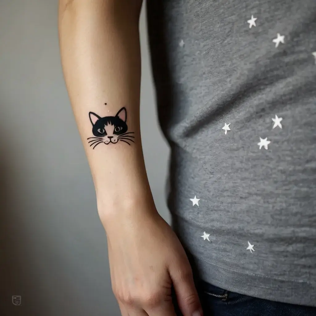 Minimalistic black and white cat face tattoo on forearm, with detailed eyes, ears, and whiskers, showcasing simplicity.