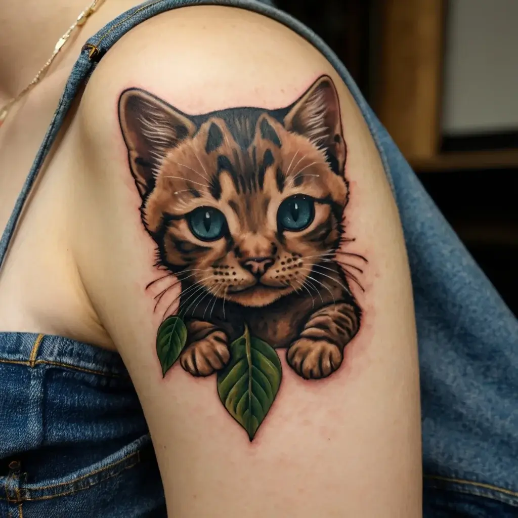 Tattoo of a realistic kitten with striking blue eyes, paws on green leaves, on the upper arm.