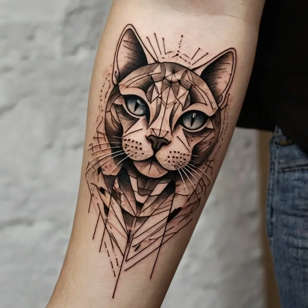 Geometric cat tattoo with intricate shading and angular shapes, creating a dynamic and modern design.