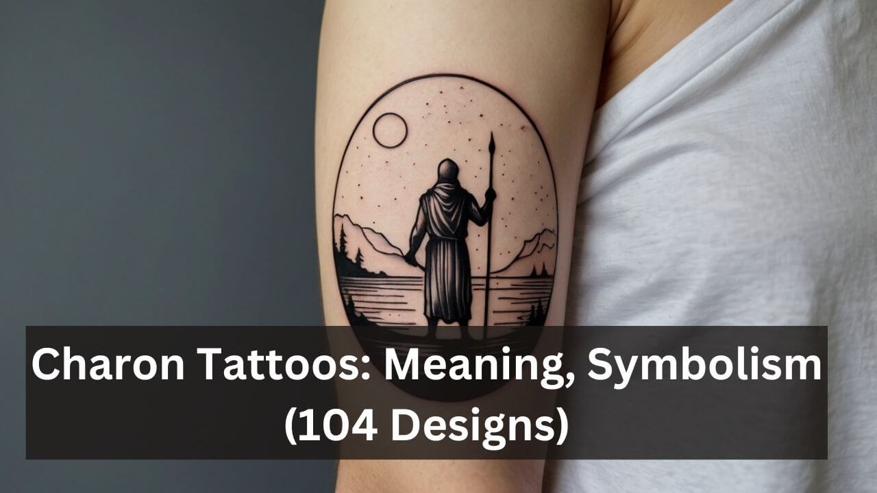 Tattoo of a hooded figure with a staff, facing moonlit mountains, symbolizing Charon's journey across the river.