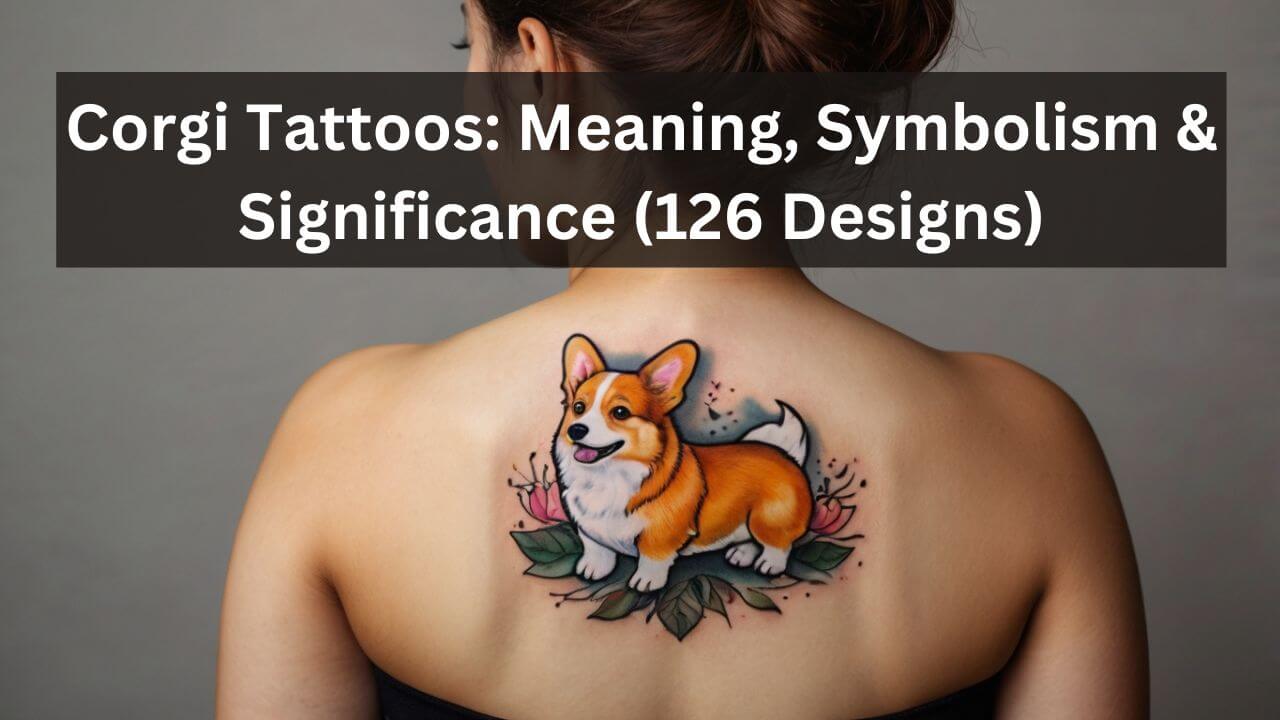 Realistic corgi tattoo on back, surrounded by colorful flowers and leaves, showcasing cuteness and loyalty.