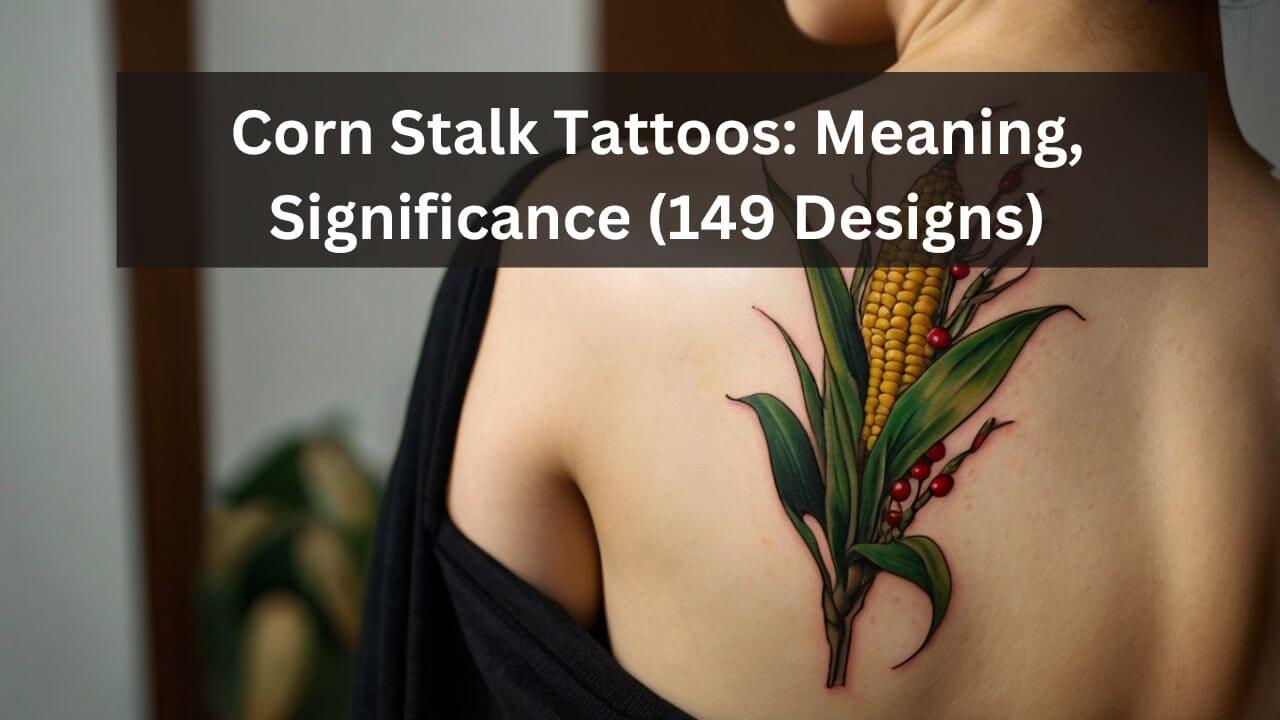 Colorful corn stalk tattoo with green leaves and small red berries, symbolizing abundance and connection to nature.