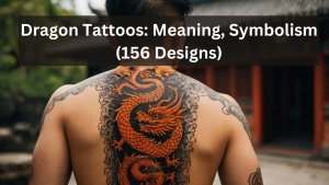 A vibrant orange dragon tattoo with detailed scales and swirling clouds, covering the back. Symbolizes power and wisdom.