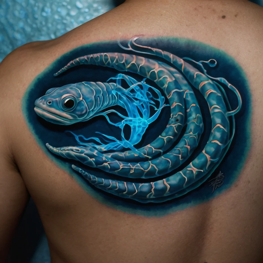 Hyper-realistic eel tattoo with bioluminescent glow, swirling gracefully on the shoulder against a dark blue background.