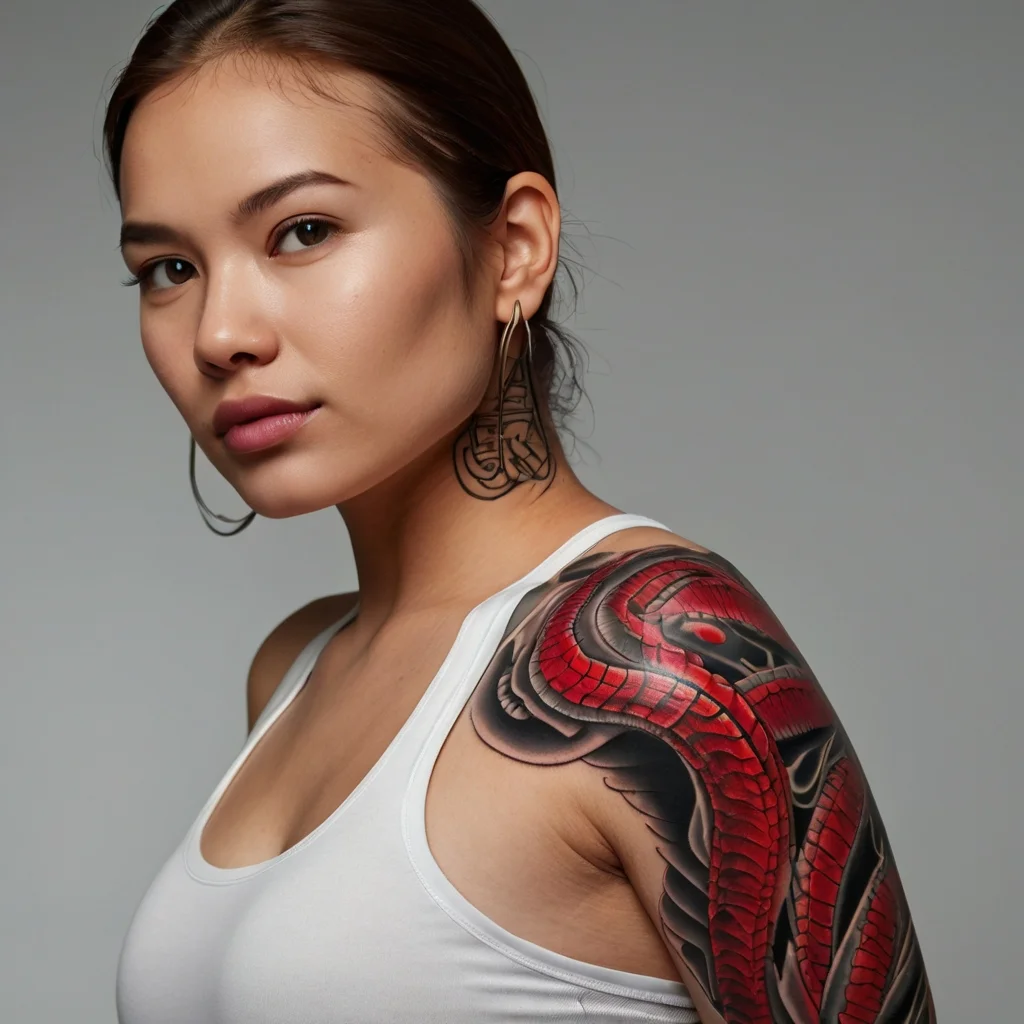 Bold red and black snake tattoo with detailed scales, wraps around the shoulder, blending realism and abstract.