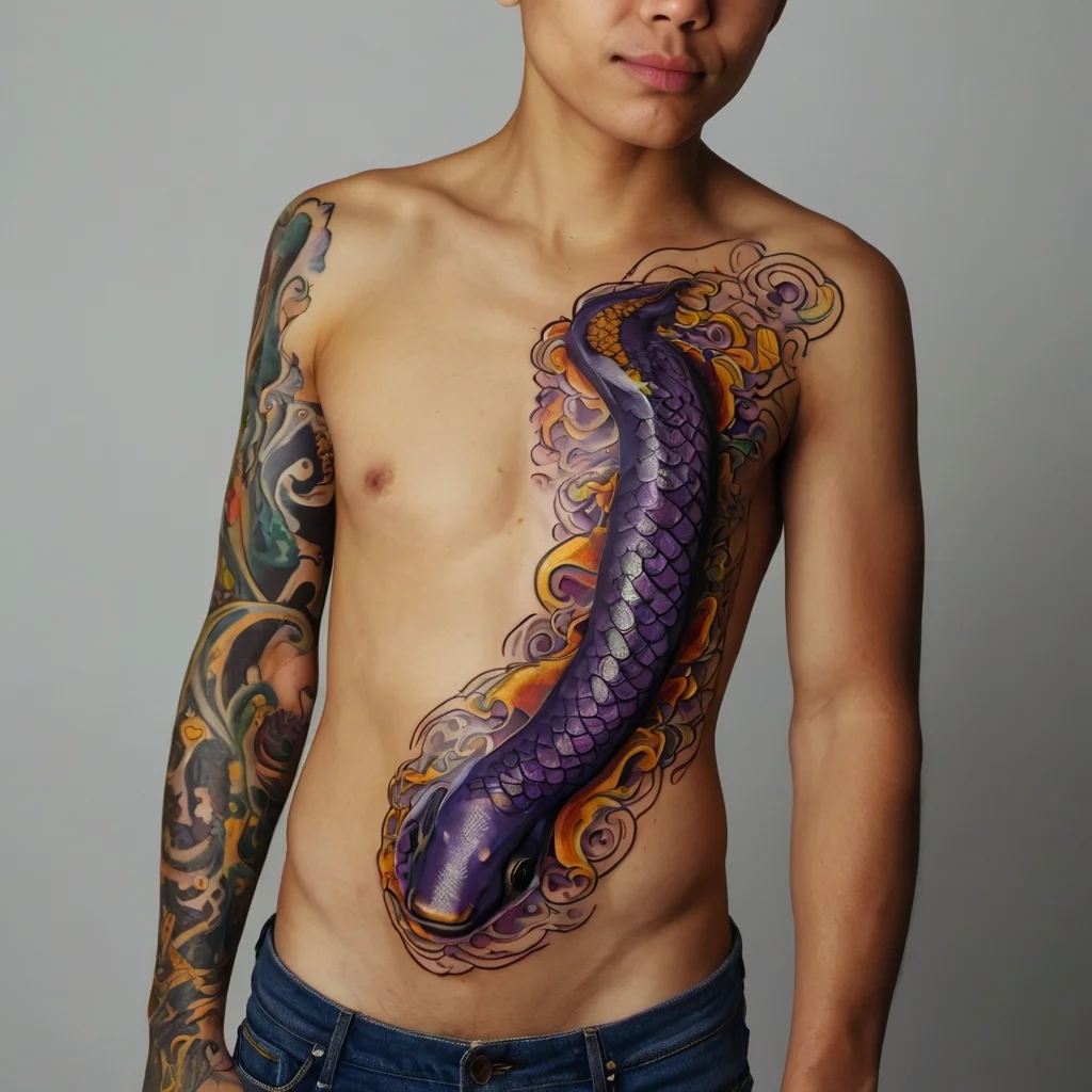 A vibrant tattoo of a purple snake coils across the torso, surrounded by swirling orange and yellow flames.