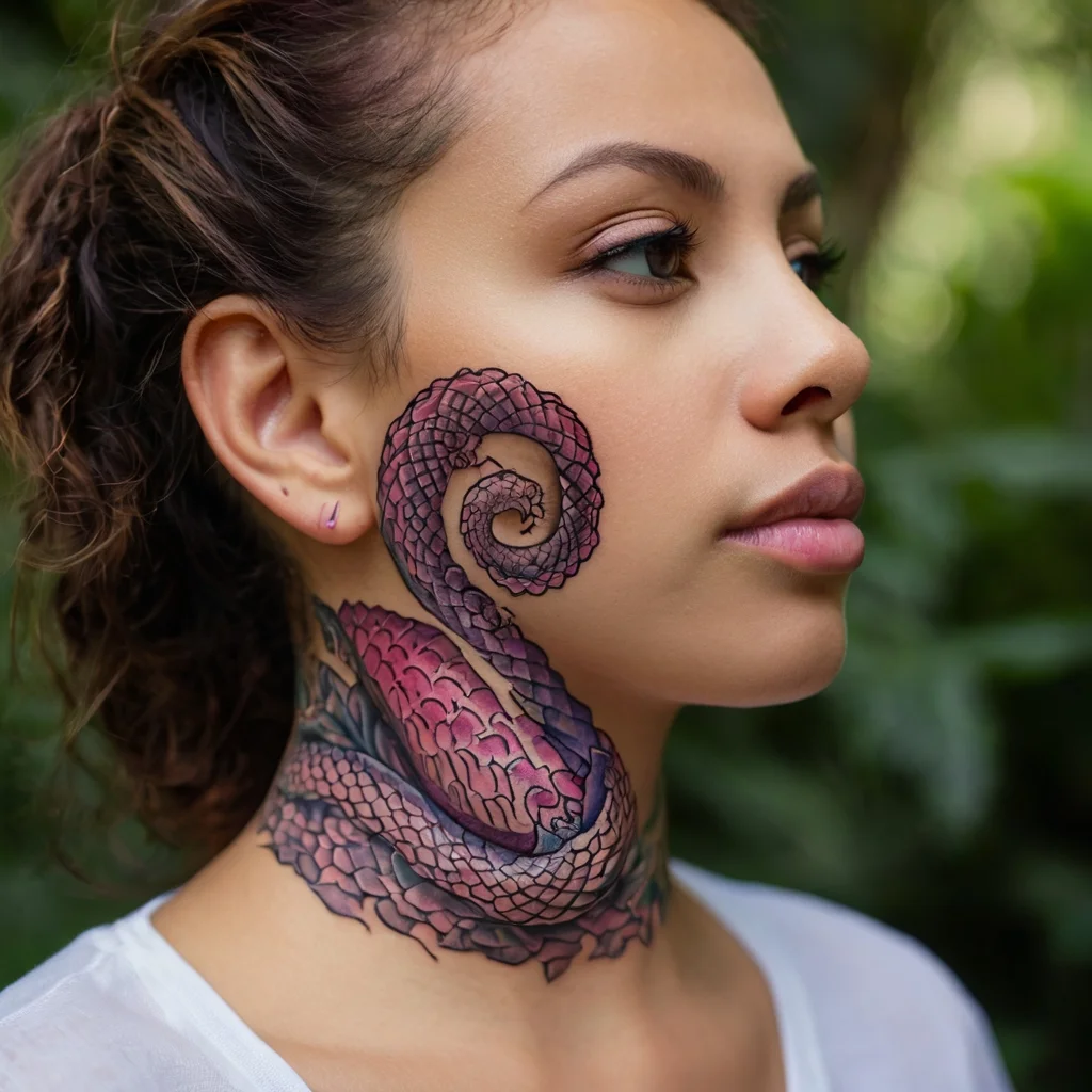 Tattoo of a vibrant, coiled dragon on the neck and cheek, with intricate scales and a flowing design.