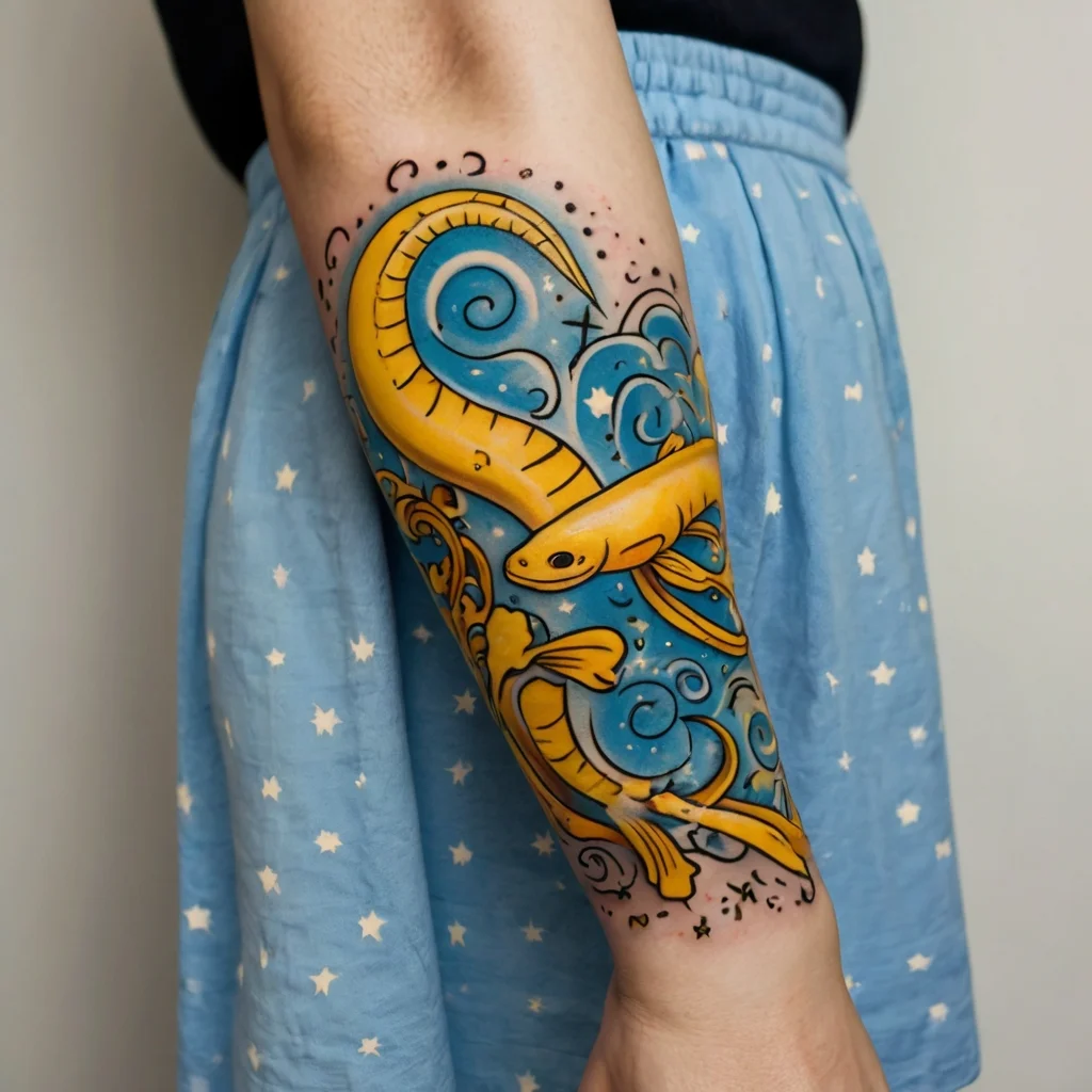 Colorful tattoo of yellow eels swimming through swirls on a blue background, adorned with decorative dots and waves.