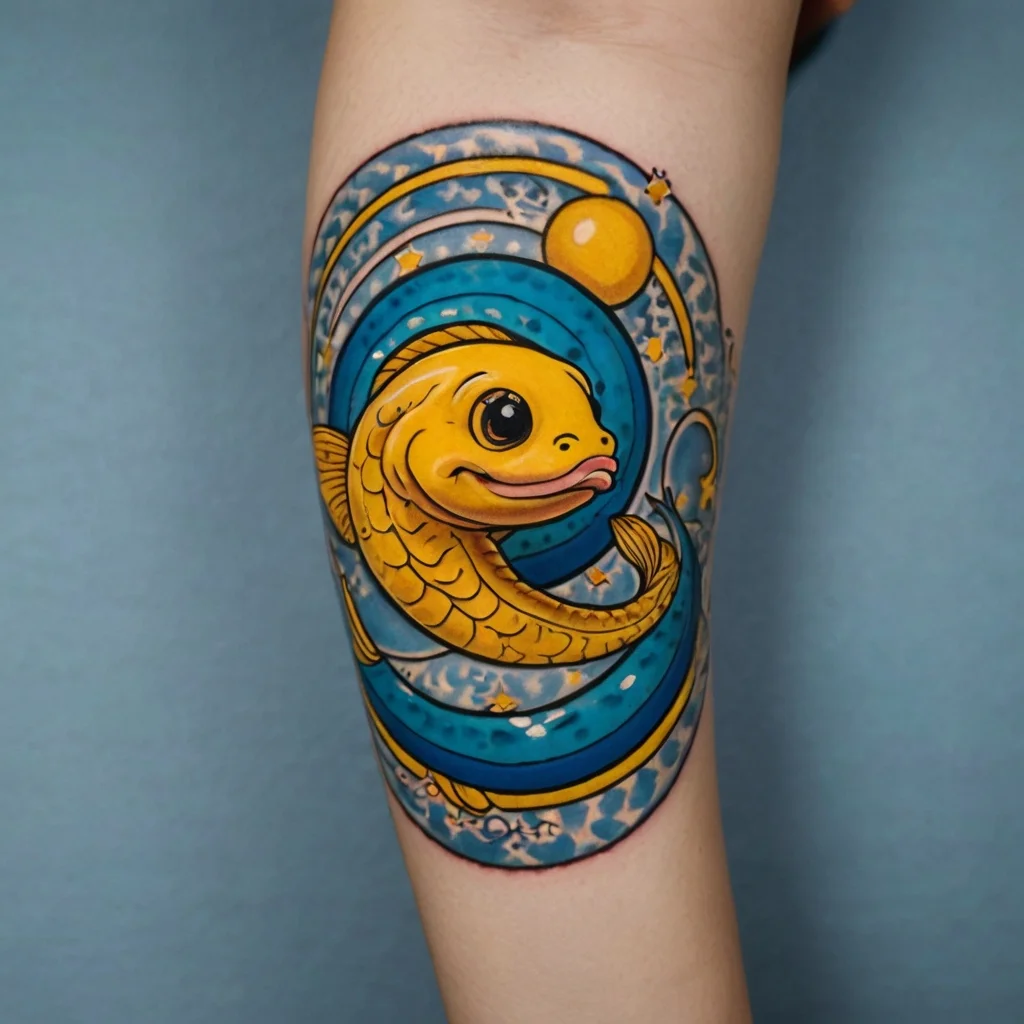 Colorful koi fish in vibrant blue galaxy swirl, with stars and a yellow orb, symbolizing luck and cosmic harmony.